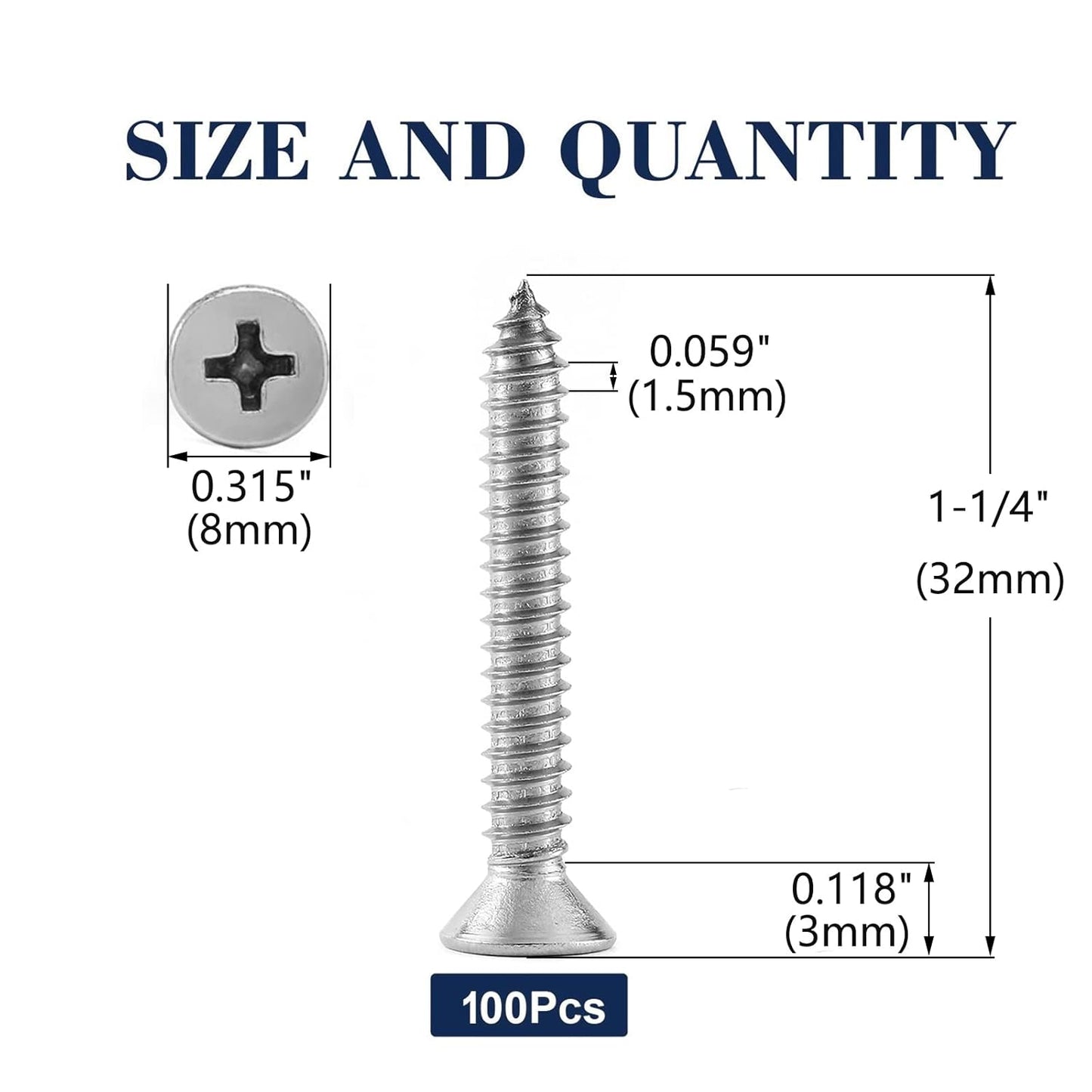#8 x 1-1/4" Wood Screw 100Pcs 18-8 (304) Stainless Steel Screws Flat Head Phillips Fast Self Tapping Drywall Screws by SG TZH