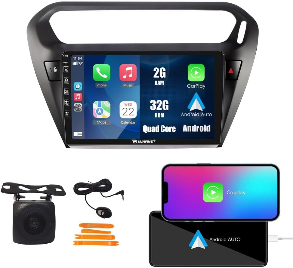Kunfine Car CarPlay Android Auto Navigation Stereo GPS Radio Reverse Camera Display 9" IPS Touchscreen Headunit Tablet Pad Media Player For Peugeot 301 13-22 if Applicable Quad Core 2G+32G Matte Black