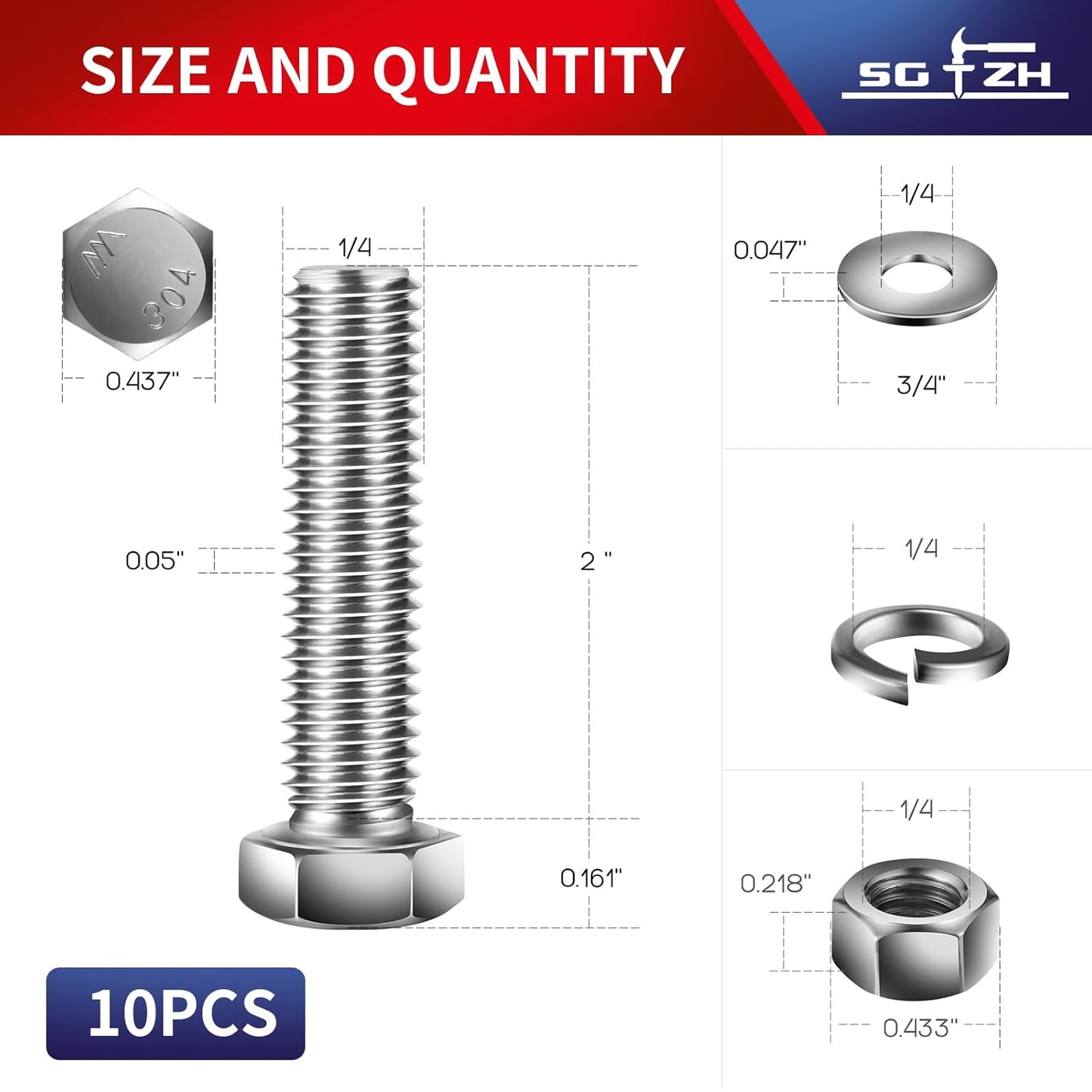 1/4-20 x 2" Hex Head Screw Bolt, Nuts, Flat & Lock Washers, 10Pcs 18-8 (304) Stainless Steel, Fully Threaded, by SG TZH