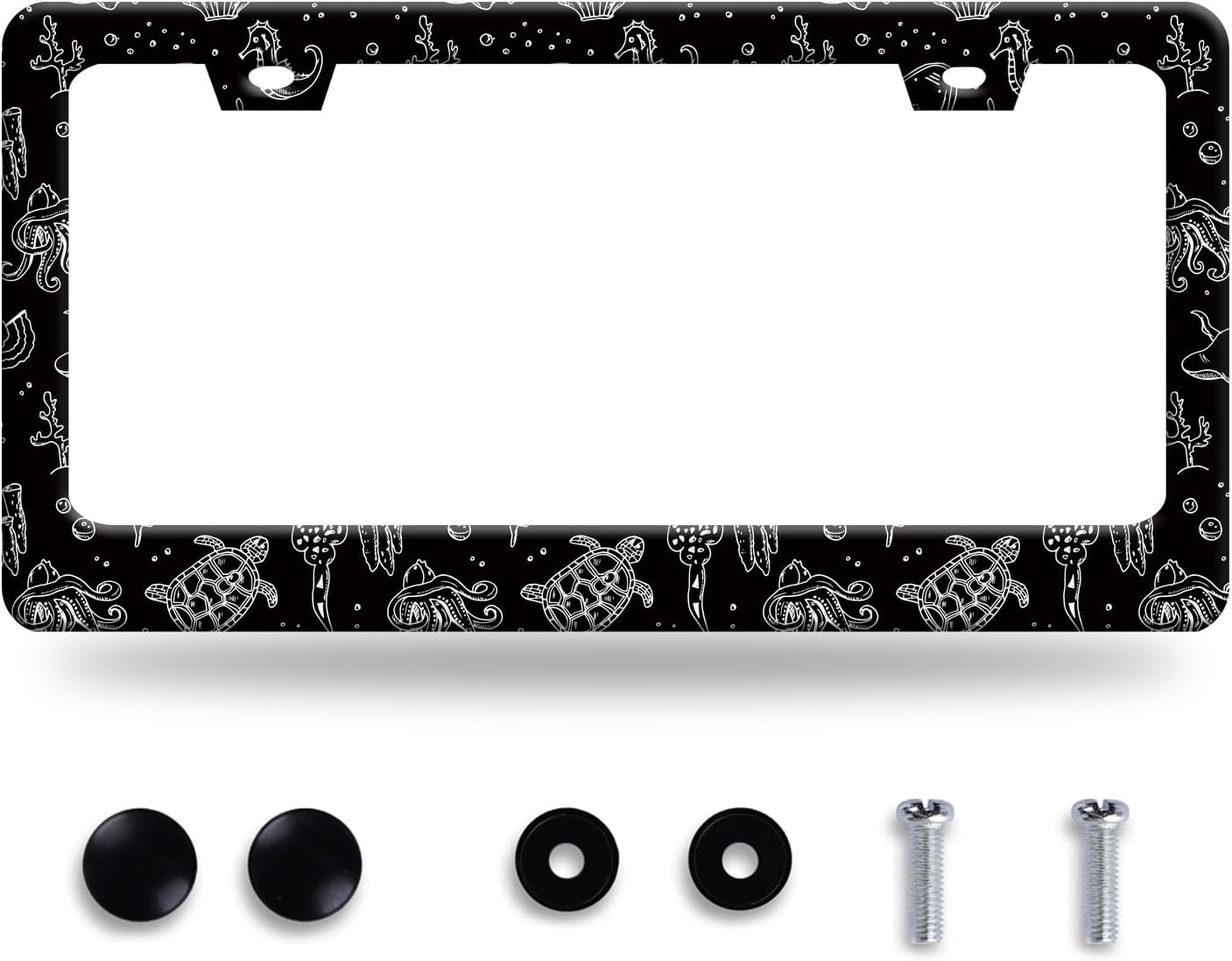Turtles License Plate Frame Black and White Sea Turtle License Plate Stainless Steel Funny License Plate Holder Men Women Ocean Animal Car Accessory Decoration 12.3" x 6.3"