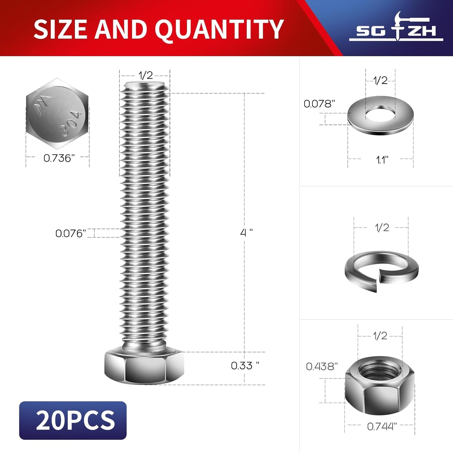 1/2-13 x 4" Hex Head Screw Bolt, Nuts, Flat & Lock Washers, 20Pcs 18-8 (304) Stainless Steel, Fully Threaded, by SG TZH