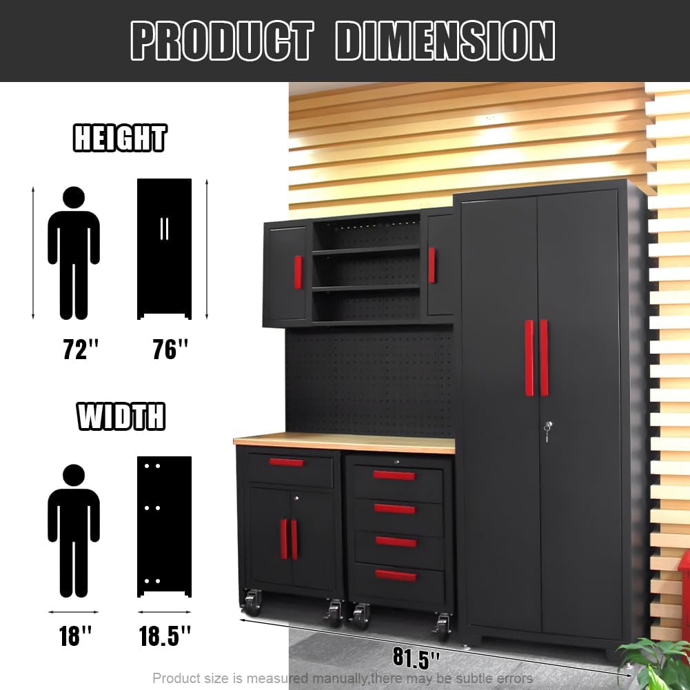 6-Pcs Garage Storage Cabinet System: Workshop Set with Steel Cabinet Drawers, Rolling Chest, Workbench, Pegboard for Tool Organization