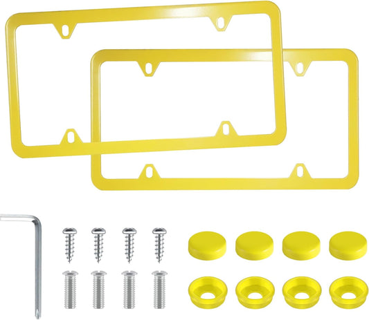 LivTee 4 Holes Stainless Steel License Plate Frames, 2 PCS Car Licence Plate Covers, Automotive Exterior Accessories Slim Design with Bolts Washer Caps for US Vehicles, Yellow