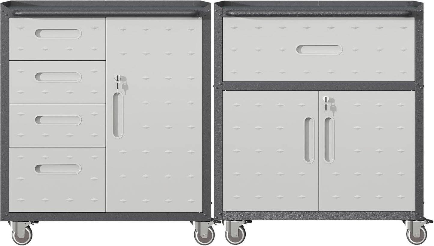 Metal Tool Cabinet,Garage Storage Cabinet System,Wall Cabinet & Locking Rolling Tool Cabinet with Doors and Adjustable Shelves,Steel Tool Cabinets for Home,Office (2 Pcs-StyleF, Black & Grey)