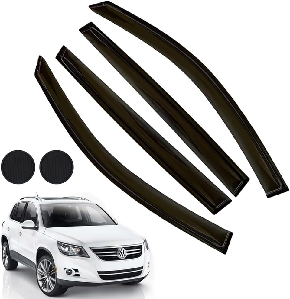 Rain Guards for Volkswagen VW Tiguan 2018-2023, Tape-on Side Window Deflectors for Volkswagen Tiguan, Window Visors for Volkswagen Cars, for Volkswagen Car Accessories 4 Rain Guards ＆ 2 Car Coasters