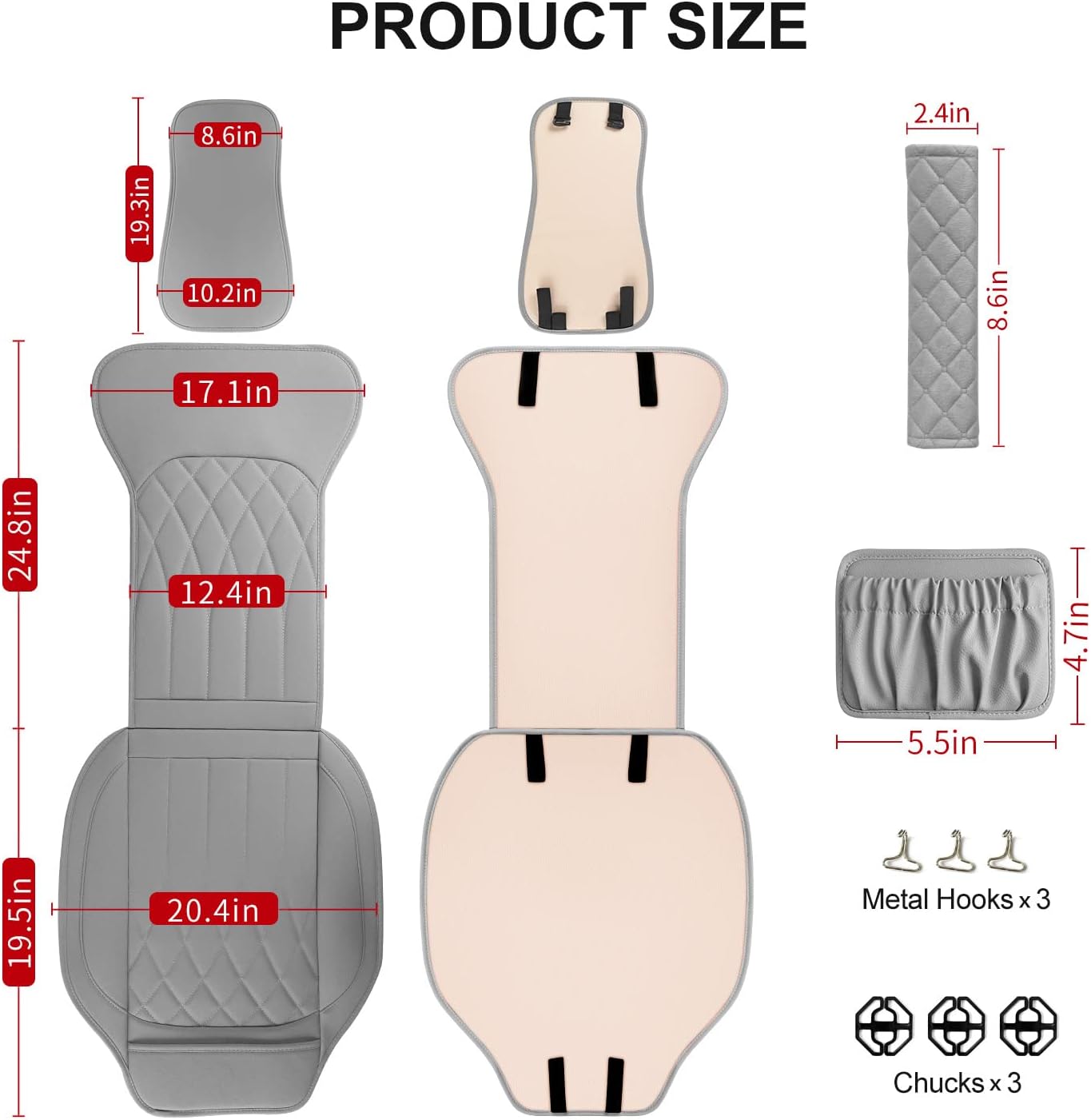 1 Pack Leather Front Car Seat Cover, Universal Sideless Car Seat Protector with Storage Pocket and Seat Belt Pad, Waterproof Automotive Seat Cover Cars Trucks SUV(Grey)