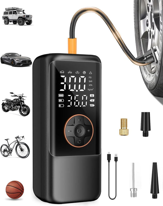 Tire Inflator Portable Air Compressor, 150PSI Air Compressor for Car Tires, Cordless Bike Pump with Pressure Gauge & LED Light, Tire Pump for Cars, Motorcycles, Bikes, Balls