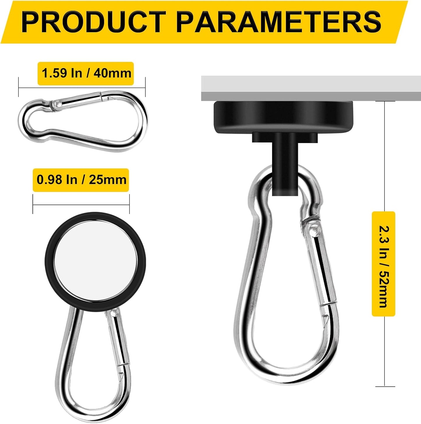 DIYMAG Black Magnetic Hooks, 110LBS Heavy Duty Neodymium Magnetics with Swivel Carabiner Hook,Great for Your Refrigerator and Other Magnetism Surfaces, Pack of 15