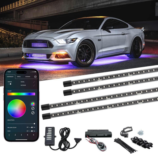 LEDGlow 4pc Bluetooth Million Color LED Underbody Underglow Accent Neon Lighting Kit for Cars - Smartphone App - Courtesy Lights - Create Any Color - 16 Modes - Water Resistant Tubes - Control Box