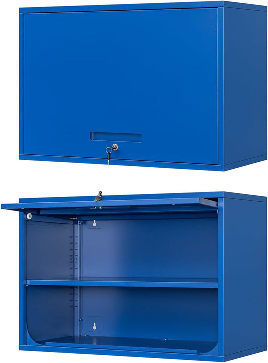Metal Wall Cabinet with Locking Door and Shelf, Hanging Garage Cabinets with Up-Flip Doors for Garage, Warehouse, Home, Office, Assembly Required (Blue, One Cabinet)