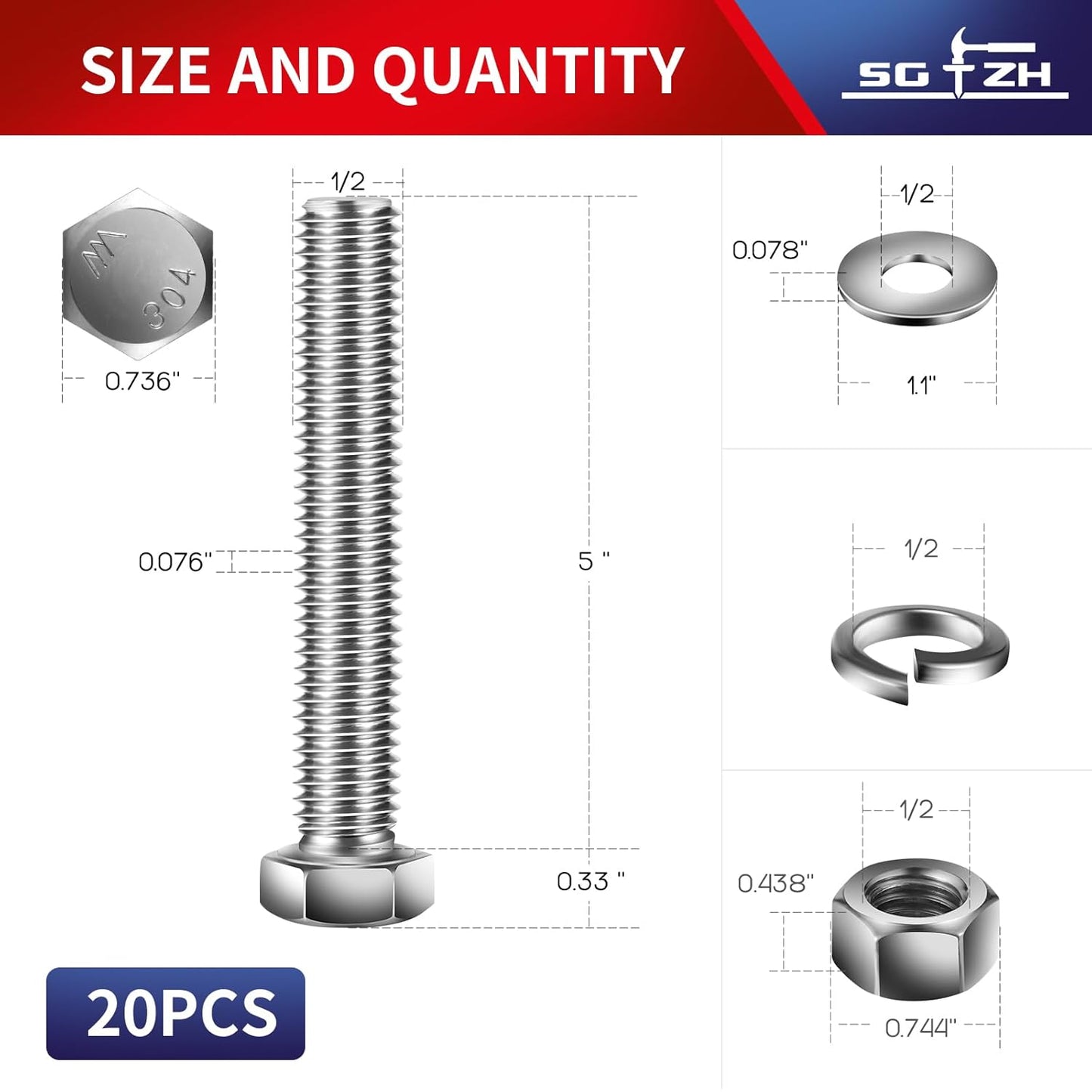 1/2-13 x 5" Hex Head Screw Bolt, Nuts, Flat & Lock Washers, 20Pcs 18-8 (304) Stainless Steel, Fully Threaded, by SG TZH