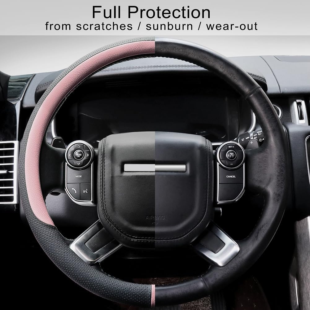 COFIT Breathable Car Steering Wheel Cover 15 inch Auto Universal Leather Wrap Non-Slip Steeringwheel Protector Automotive Interior Accessories, Pink (Suit for 14.5-15 inch)