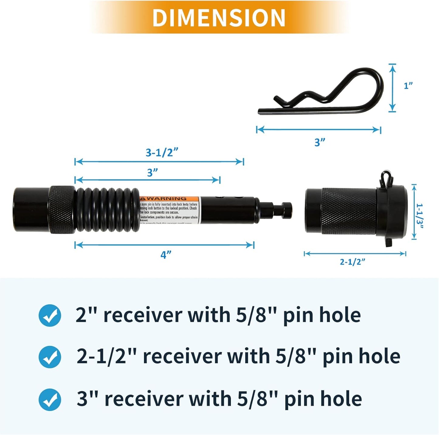 Trailer Hitch Pin Lock, 5/8" Dia with Extra Long 4" Hitch Lock Fits Class III IV V 2", 2-1/2"& 3" Receivers, Trailer Hitch Lock with Safety Clip and O-Rings for Trailer Truck Car Boat