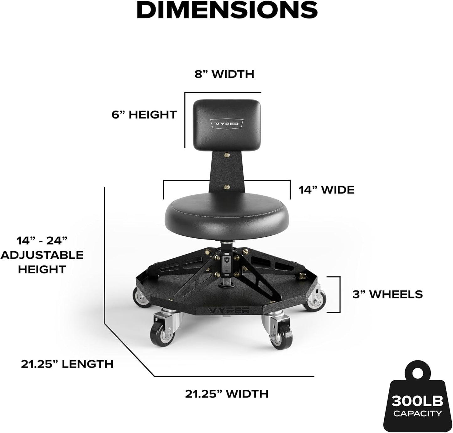 Vyper Robust Steel Sport Shop Chair for Mechanics, Automotive, DIY - 300 lb Capacity Garage Stool with Backrest & Large Wheels (Black Seat, Blue Frame)
