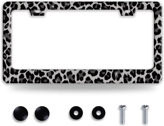Black Gray Leopard Print License Plate Frame Beautiful Cheetah Print License Plate Holder Funny Stainless Steel Accessories Cars Decor with 2 Holes and Screws Fits Standard Us Ca Vehicles 12.2 X 6 in