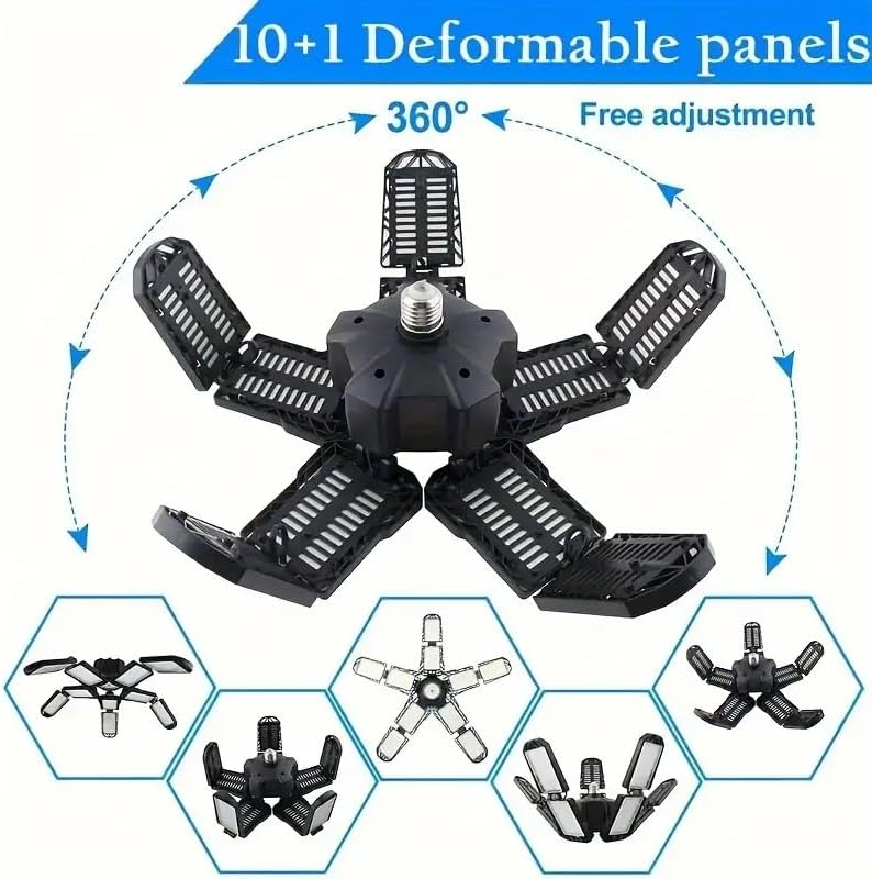 2 Packs LED Garage Light, Super Bright Screw in E26/E27 Ceiling Shop Work Lamp, 260W 26000 Lumen Deformable Basement Bulb Fixture with 10+1 Adjustable Panels, Lighting for Workshop, Attic