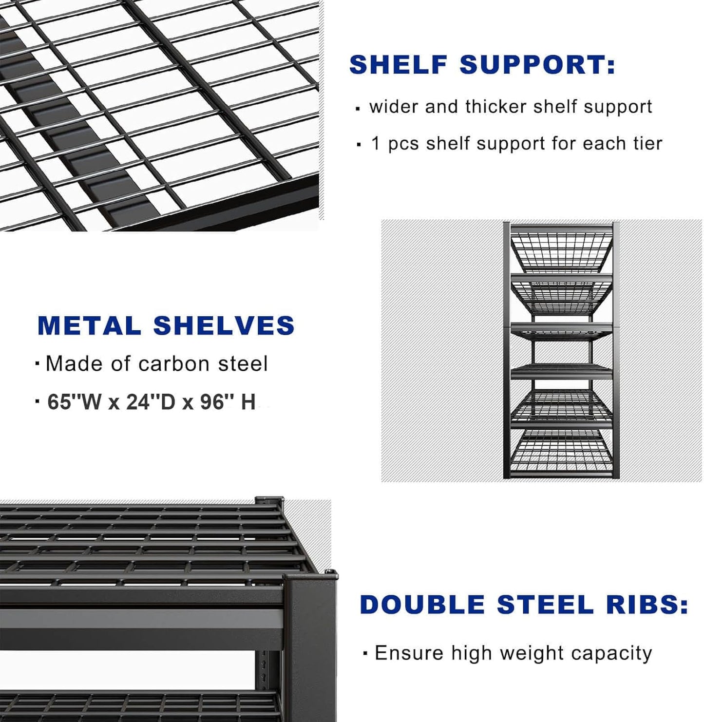 65" W Garage Shelving Heavy Duty, 7 Tier Garage Shelves, 65" W x 96" H x 24" D Adjustable Storage Shelving Unit, Commercial Metal Shelves for Warehouse, Basement,2 Pack