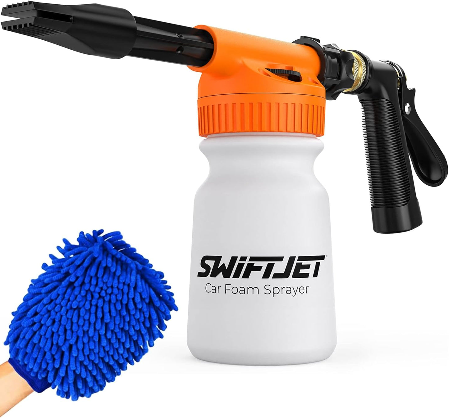 SwiftJet Car Wash Foam Gun + Microfiber Wash Mitt - Car Foam Sprayer - Car Wash Kit - Foam Cannon Garden Hose Sprayer - - Car Accessories for Men - Snow Foam Blaster (Orange Foam Gun with Mitt)