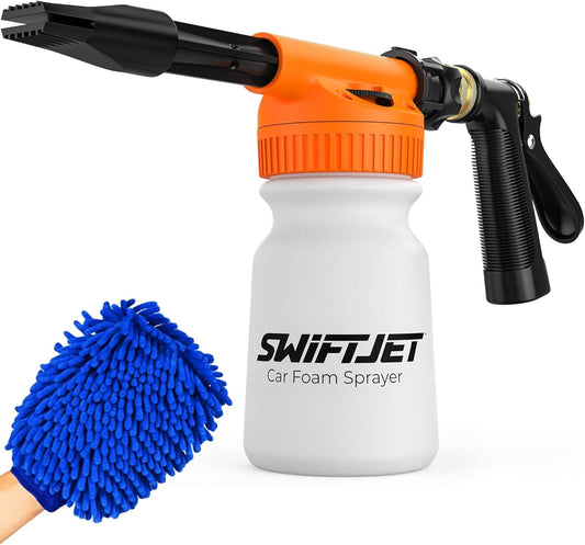SwiftJet Car Wash Foam Gun + Microfiber Wash Mitt - Car Foam Sprayer - Car Wash Kit - Foam Cannon Garden Hose Sprayer - - Car Accessories for Men - Snow Foam Blaster (Orange Foam Gun with Mitt)
