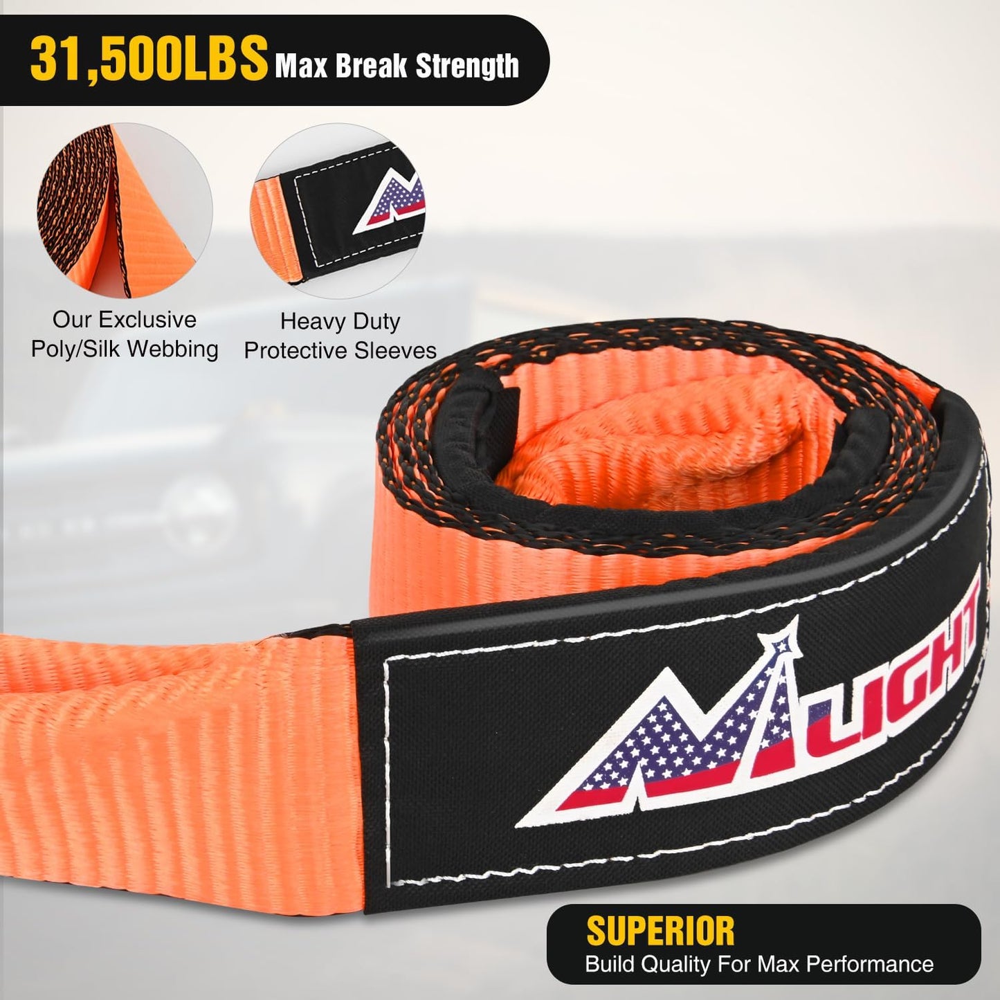 Nilight 3" x 8' Tree Saver Tow Strap Lab Tested 31,500lbs Break Strength Heavy Duty Off road Straps with Triple Reinforced Loop Emergency Towing Rope of Mind for SUV, UTV, ATV, Truck, 2 Years Warranty