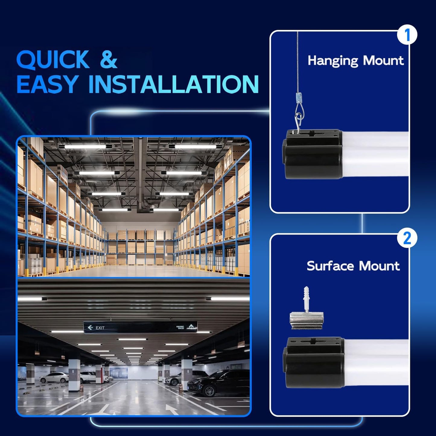 hykolity 6 Pack 4FT Linkable LED Shop Light, Utility Shop Light Fixture, 4400lm, 42W [250W Equivalent], 5000K Daylight Shop Lights for Garage, Hanging or Surface Mount, with Power Cord, ETL, Black