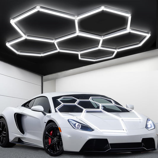 tewei Hexagon LED Garage Light, 6 Grids Hexagon Car Detailing Lighting Fixture 6500K Daylight White LED Shop Light, 265W, 26500LM Super Bright Ceiling Lights for Workshop, Warehouse, Gym, Basement