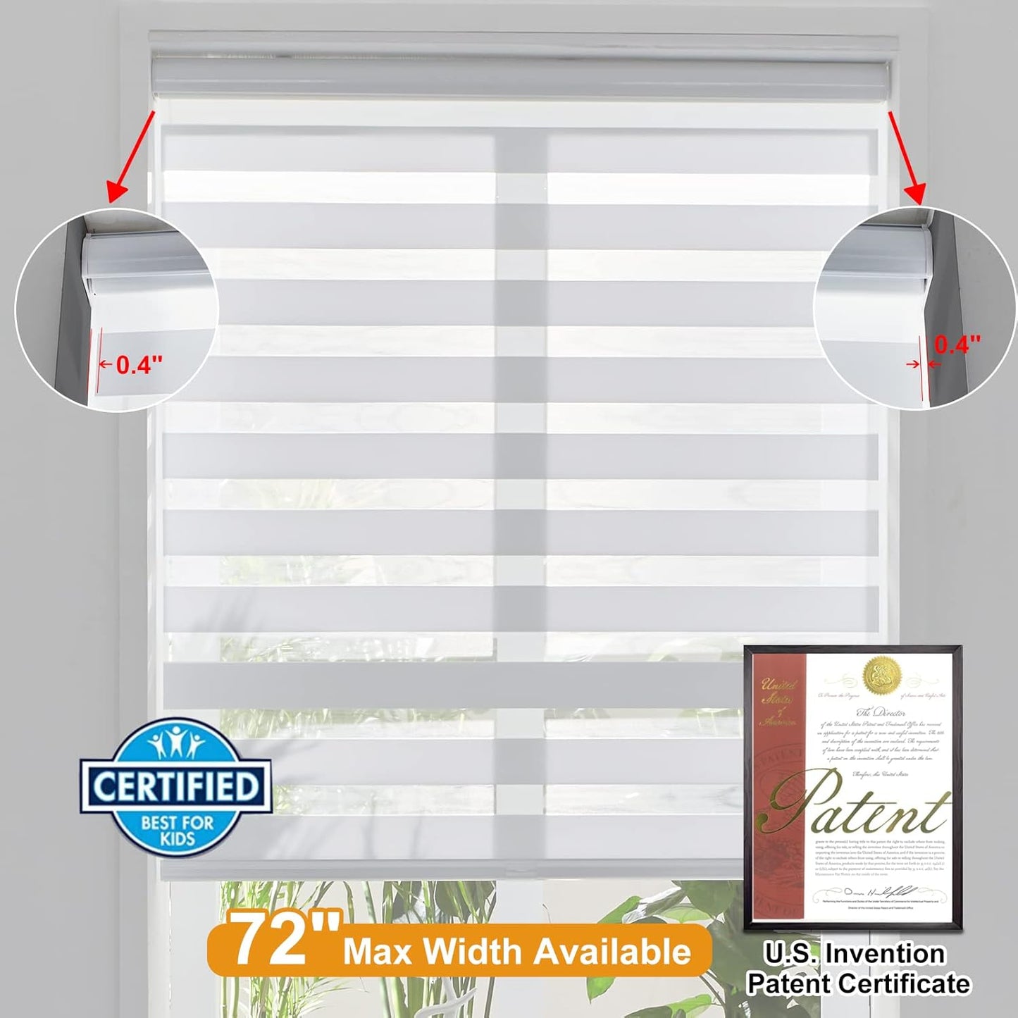 Persilux Cordless Zebra Blinds for Windows Free-Stop Roller Windows Shades (72" W X 72" H, White) Dual Layer Light Control for Day and Night, Light Filtering Sheer Shades for Home, Easy to Install