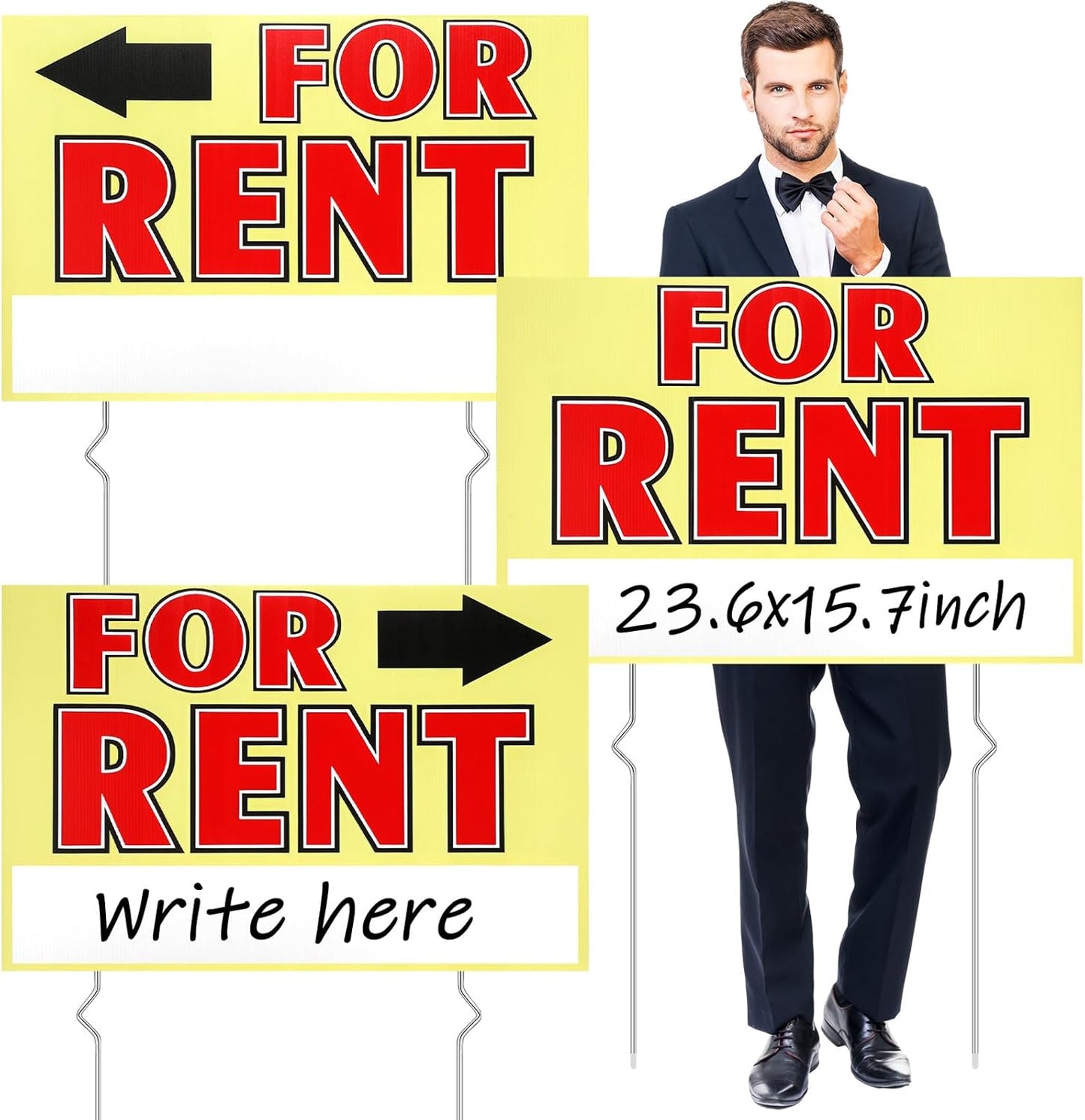 Marsui 3 Pcs Sale Sign 23.6 x 15.7 Inch Double Sided Sign with Stakes Blank Corrugated Plastic Signs with Directional Arrow and Metal Stake (for Rent)