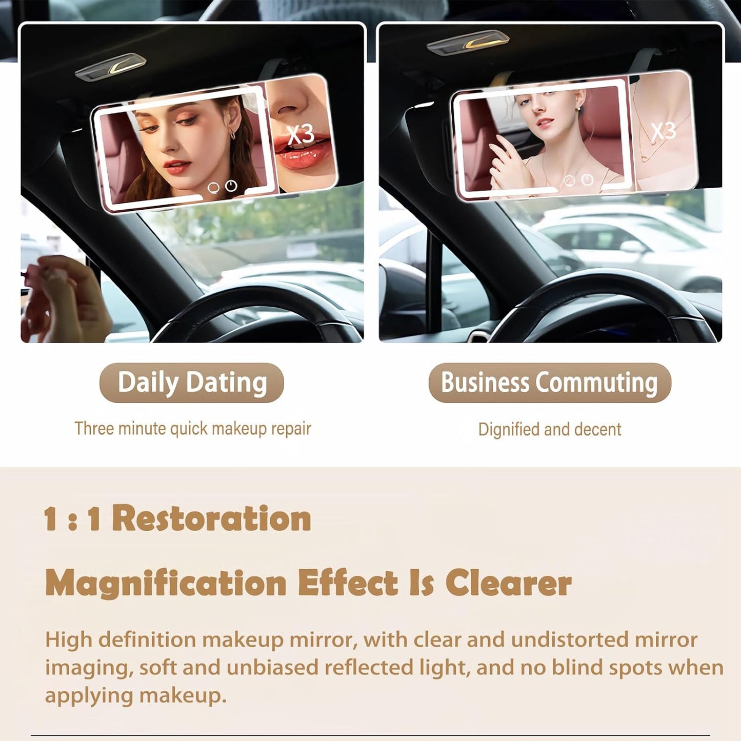 Car Sun Visor Vanity Mirror, Dimmable Touch Screen Makeup Mirrors with 3 Light Modes & 3x Magnifying for Women Detailed Makeup Universal Clip-on Rear View Sun-Shading Cosmetic Mirror (White)