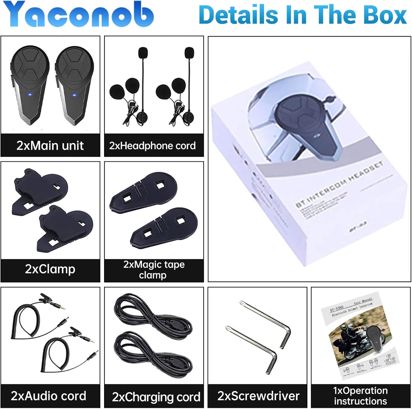 Motorcycle Bluetooth Headset BT-S3NS 1000m Motorcycle Helmet Bluetooth Radio Intercom Wireless Interphone to 2-3 Riders (Waterproof/Handsfree/Stereo Music/FM Radio/GPS/MP3 (2 Pack)