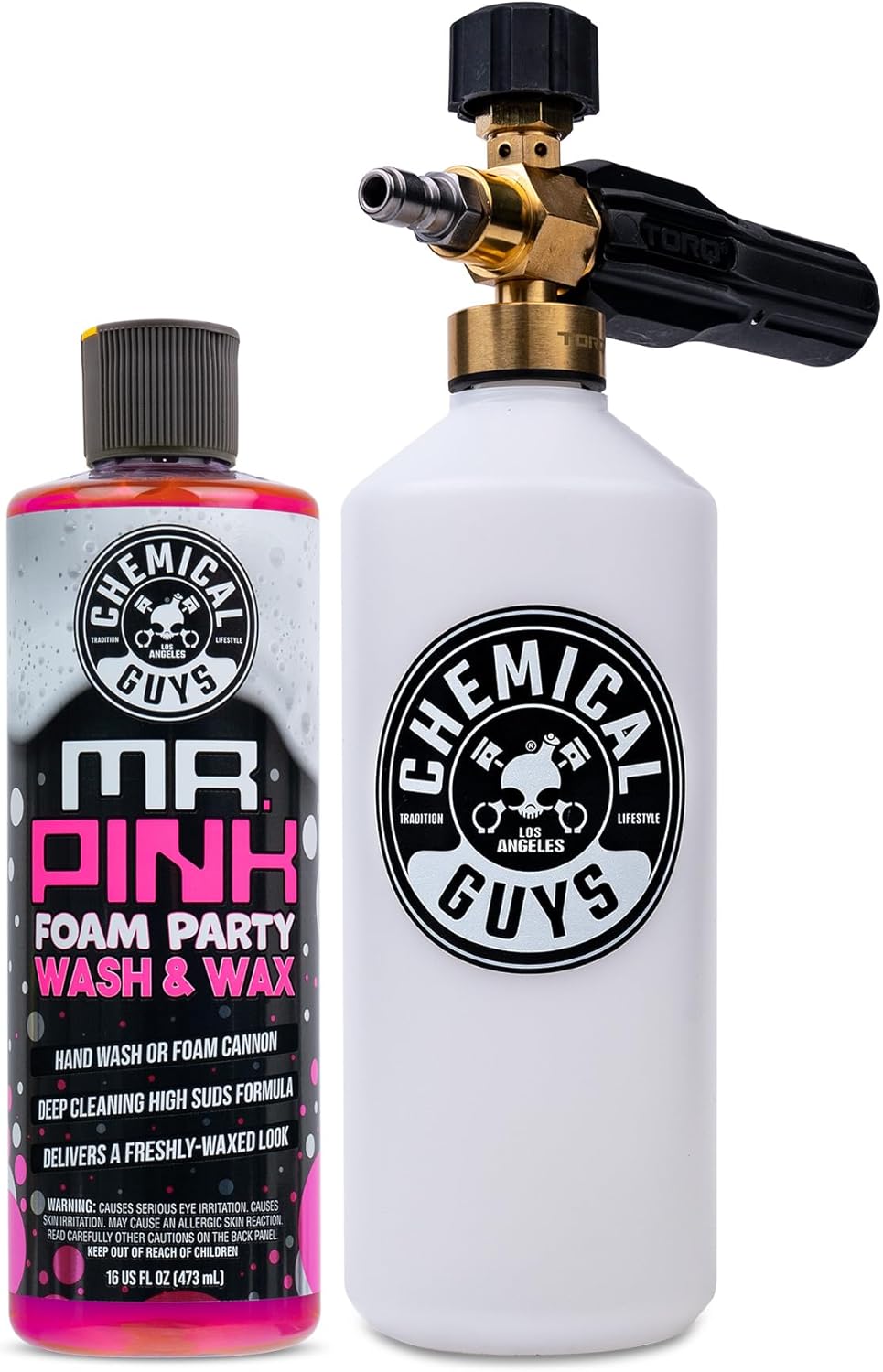 Chemical Guys EQP367 TORQ Professional Snow Foam Cannon Car Wash Snow Foamer + Mr. Pink Foam Party Wash & Wax 16 fl oz (Safe for Cars, Trucks, SUVs, RVs, & More) Works with Pressure Washer