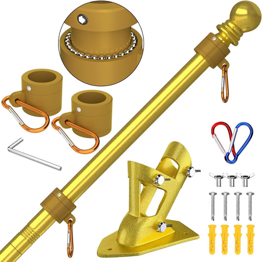 ZMTECH Flag Pole - Upgraded Bracket, 6 FT Stainless Steel Flag Poles for Outside House, Residential or Commerical, Tangle Free Flag Pole Kit for American Flag (Without Flag, Gold)