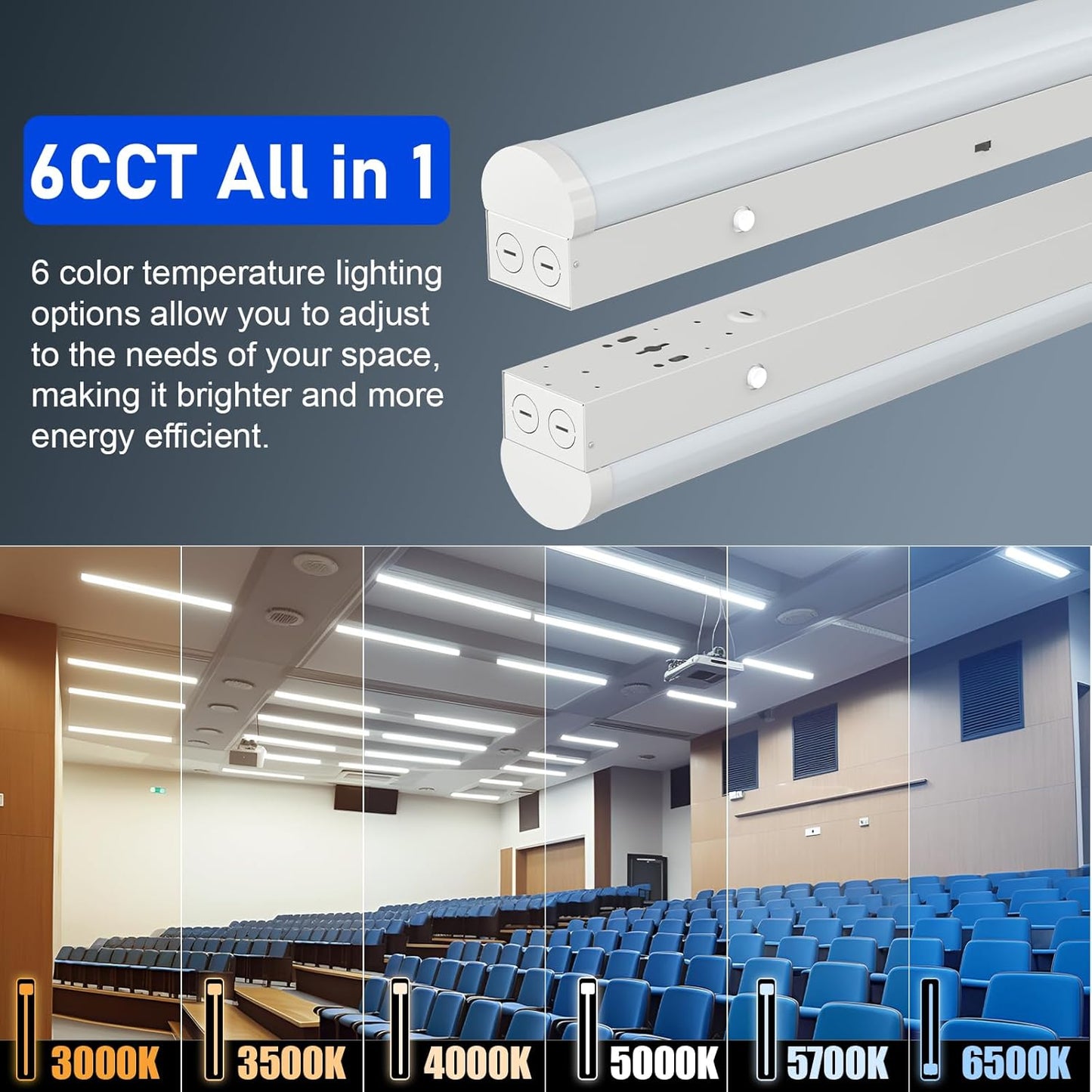 8FT LED Linear Strip Light, Super Bright 8 Foot LED Shop Lights 100W 90W 80W 70W 50W/6CCT 3000K-6500K Selectable, Flush Mount or Hanging 0-10V Dimmable Commercial Garage Ceiling Light, ETL DLC(4 Pcs)