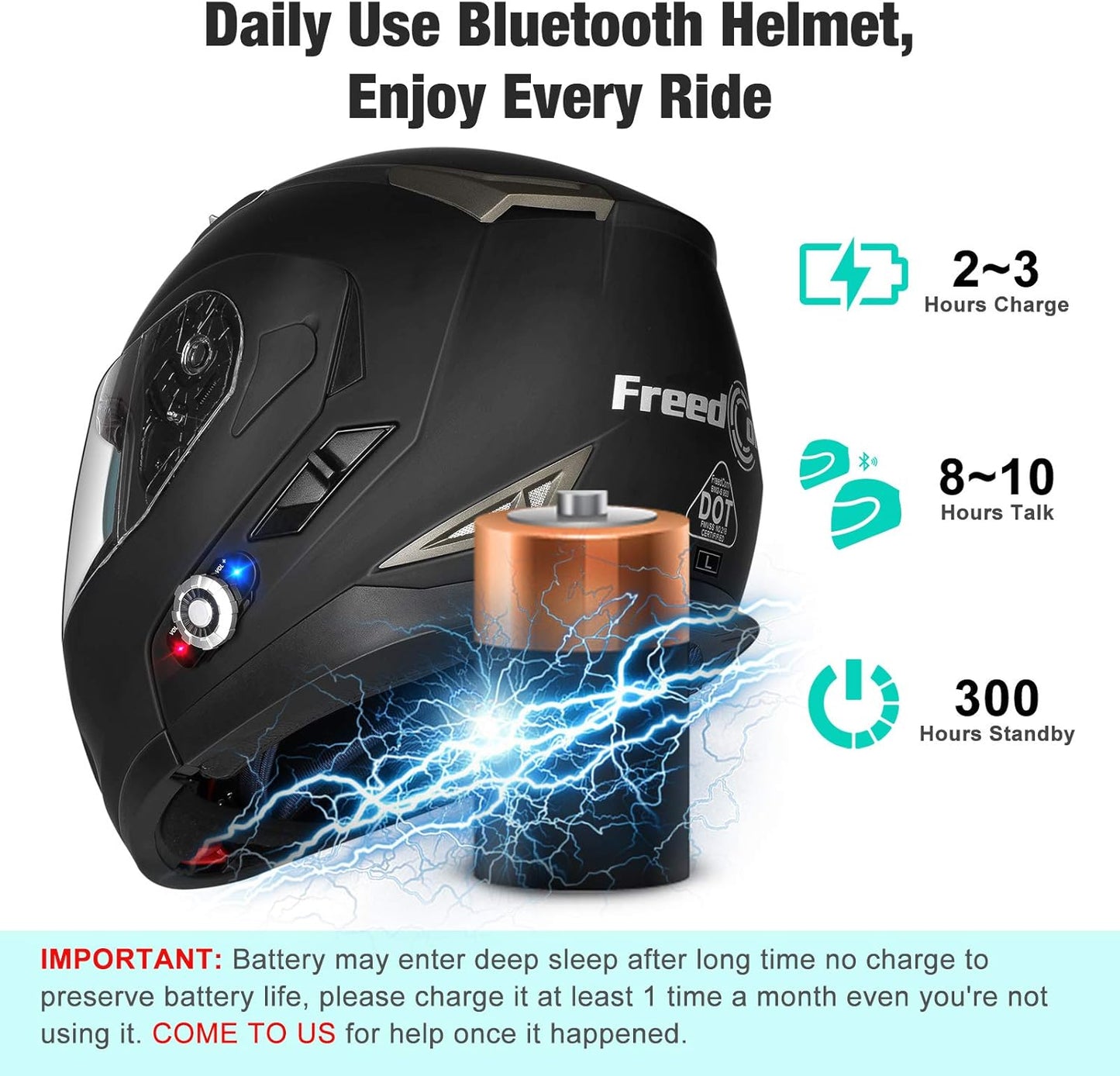 FreedConn BM2-S Bluetooth Motorcycle Helmet, Flip-Up Modular Motorbike Helmet, 500M Connectivity for 2-3 Riders, Voice Dial, Hands-Free Call, MP3, FM, DOT Certified (Large, Matte Black)