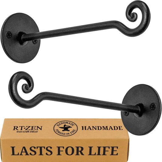 RTZEN Plant Hangers Outdoor or Indoor - Wrought Iron Metal Hanger Indoor Hook - Heavy Duty Wall Bracket Hooks for Hanging Plants Baskets Lanterns Wind Chimes - 2 Pack (Black Swirl Hooks)