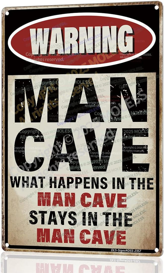 'What Happens Here, Stays Here!' Funny Man Cave Decor for Men | 12x8″ Durable Vintage Metal Man Cave Signs Wall Decorations for Basement/Garage/Mancave, 2357