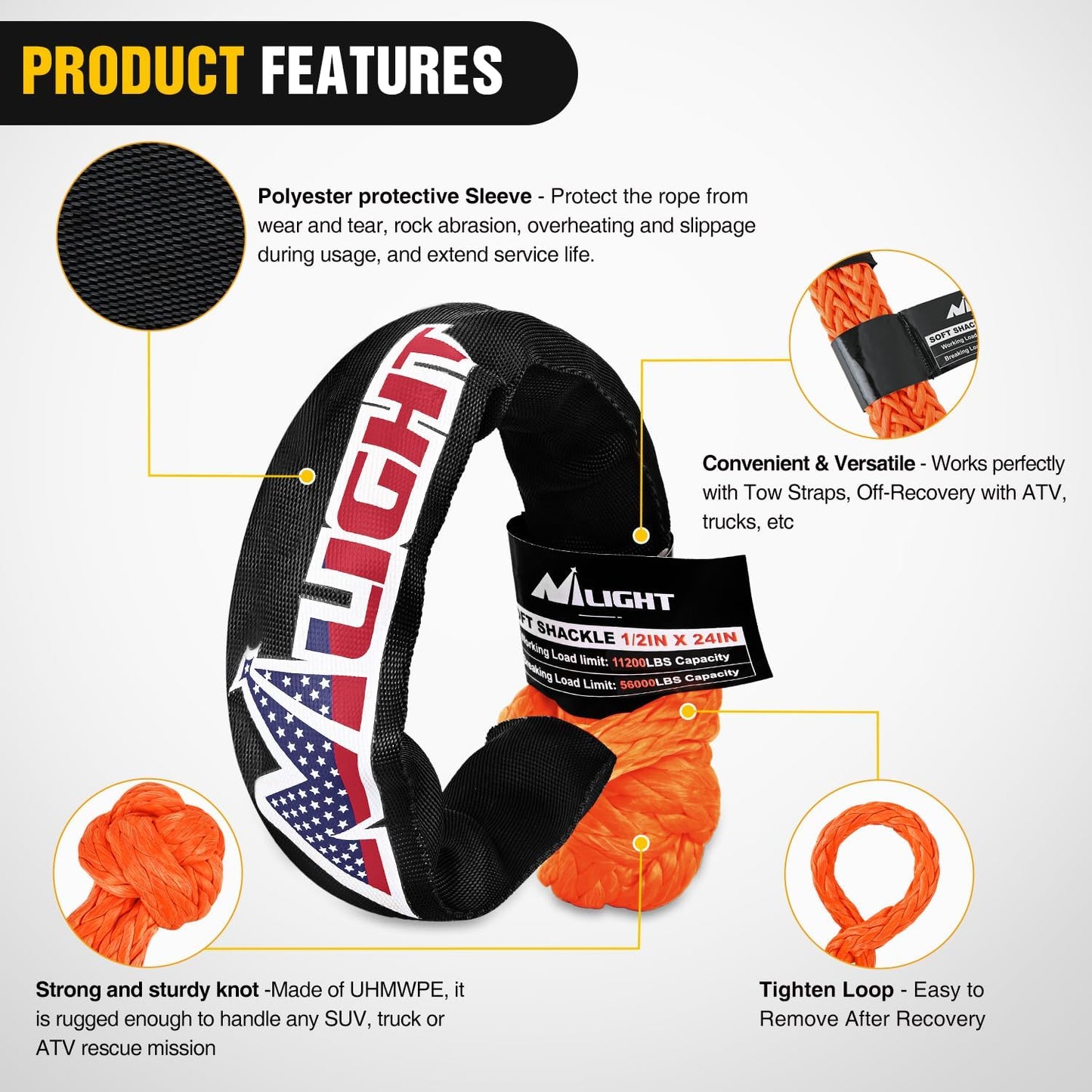 Nilight Synthetic Soft Shackle & Recovery Ring Kit 1/2inch x 24inch Soft Shackle (56,000 LBS Breaking Strength) with Snatch Ring (46,000 LBS MBS) for 4x4 Truck SUV ATV Off Road, 2 Years Warranty