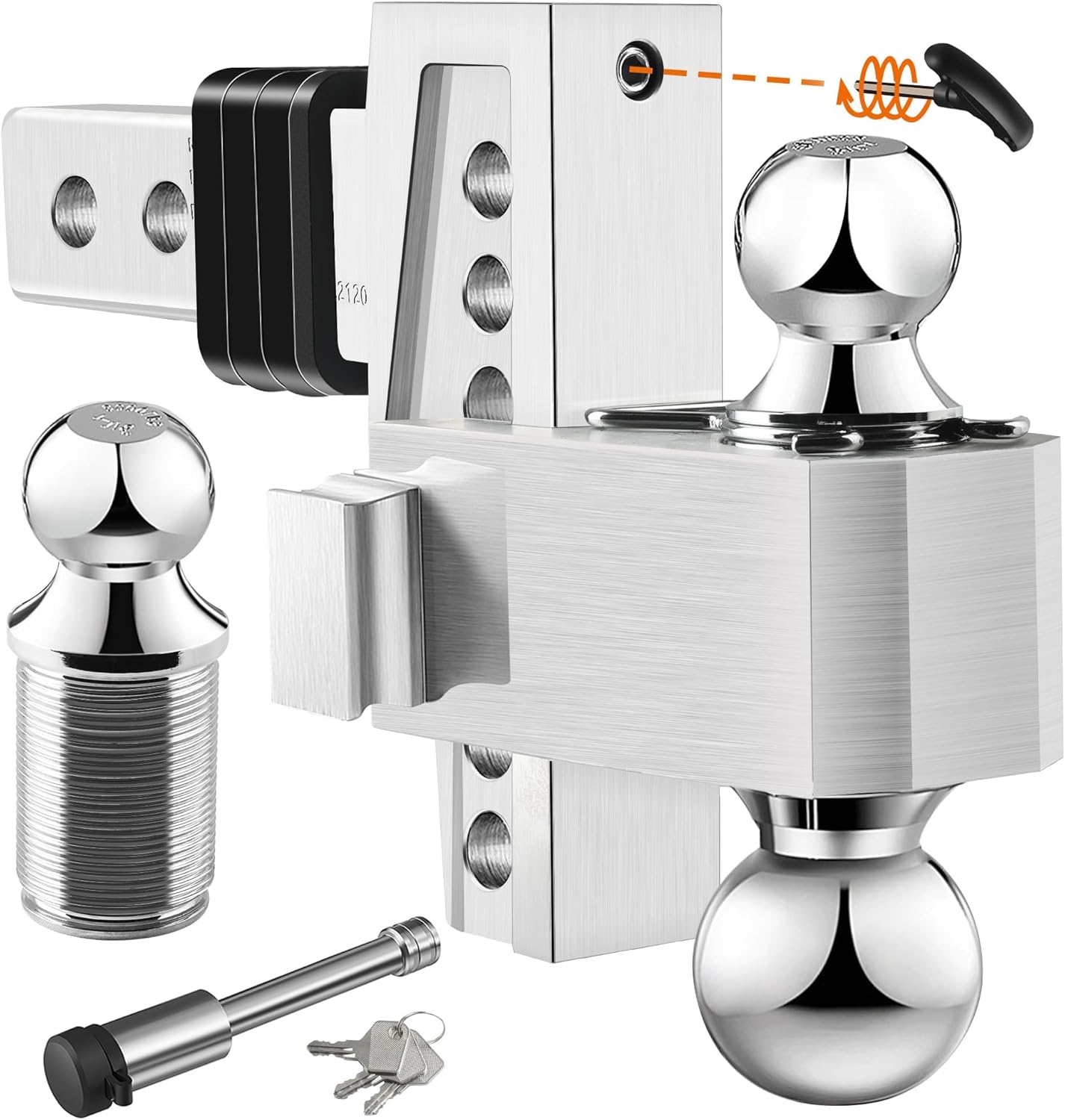 Adjustable Trailer Hitch (Fits 2-Inch Receiver) - Aluminum Tow Hitch with 6-Inch Drop/Rise for Truck (12,500 LBS GTW) - Double Anti-Theft Locking Hitch Pins (Silver, 2.0inch-6Drop-Tri Ball)