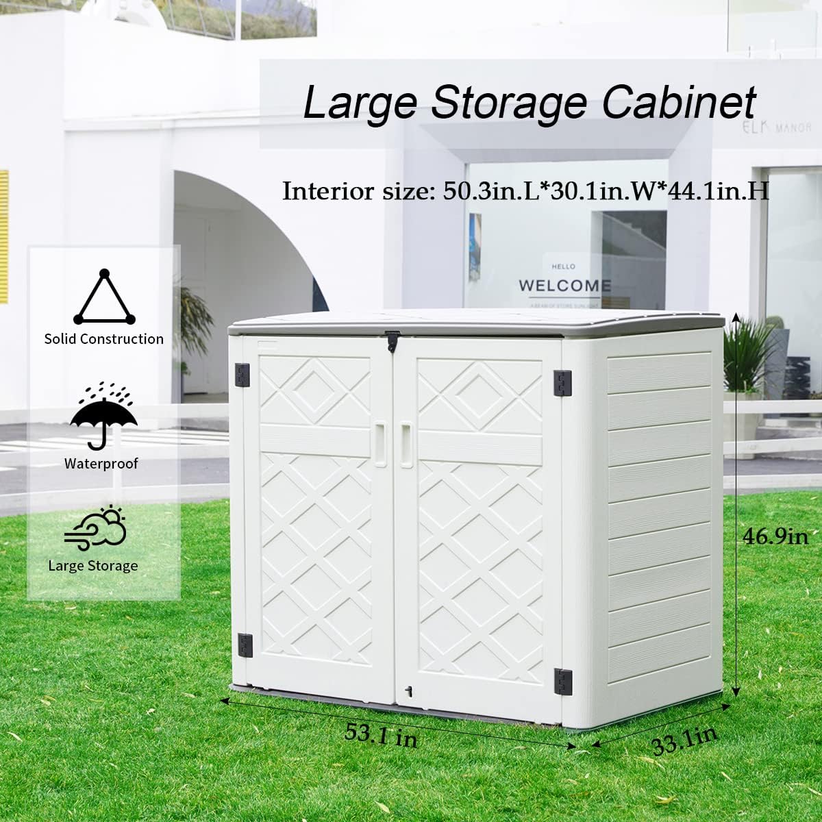 Resin Outdoor Storage Shed, 38 cu.ft Outdoor Storage Box Waterproof for Garden Tools, Patio Furniture, Trash Cans, Garage Storage, Customized Shelves & Lockable (Off White)