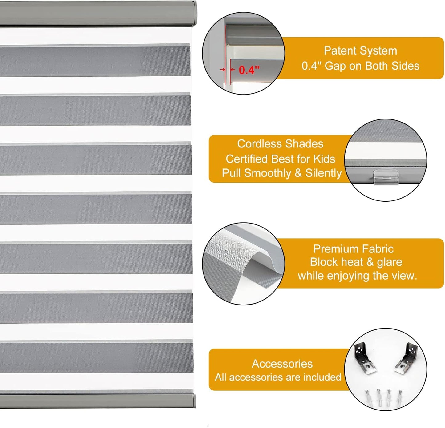 Persilux Cordless Zebra Blinds for Windows Free-Stop Roller Window Shades (58" W X 64" H, Grey) Dual Layer Light Control for Day and Night, Light Filtering Sheer Shades for Home, Easy to Install