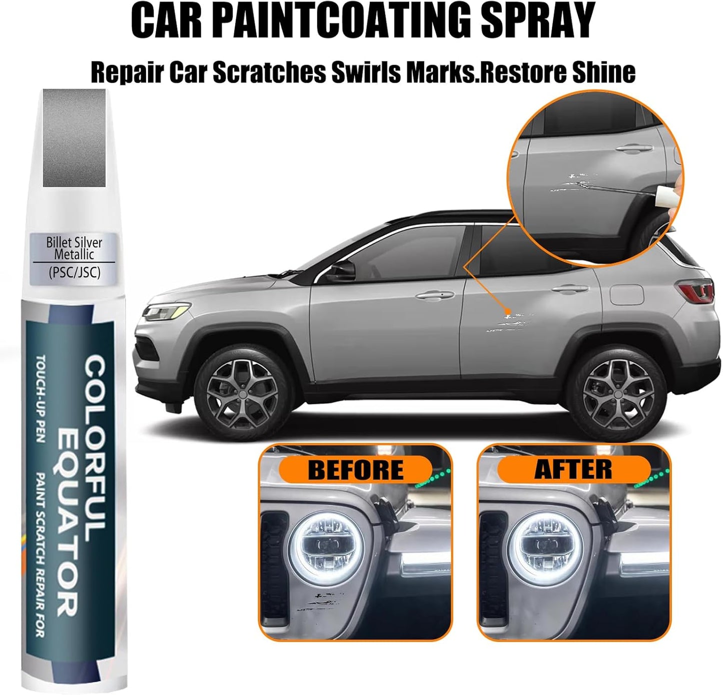 PSC/JSC Billet Silver Metallic Touch Up Paint for Jeep, Car Paint Pen Scratch Repair Two-In-One Touch Up Paint, Premium Car Scratch Remover for Deep Scratches
