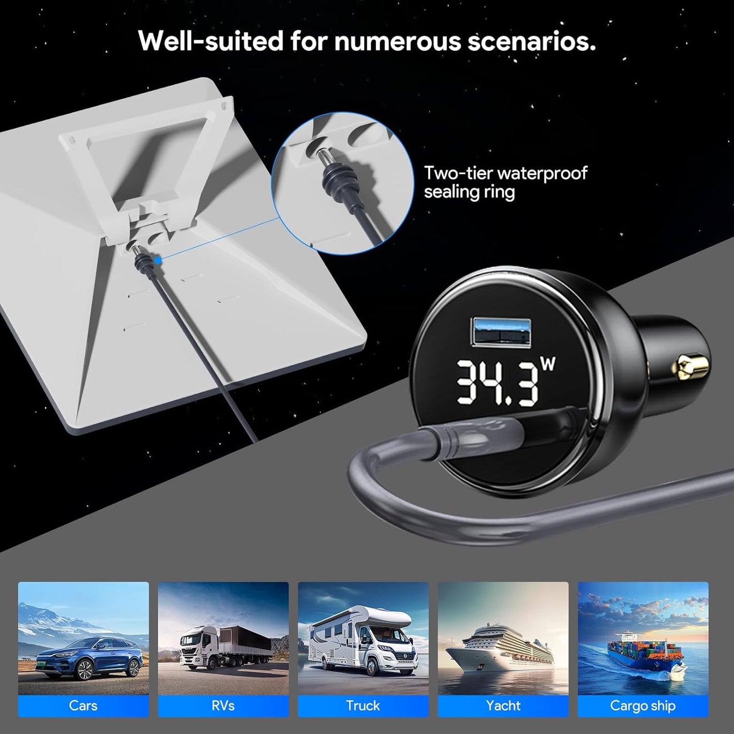 QUIDDITY Starlink Mini Car Adapter DC Power Cable + Cigarette Lighter Adapter 12V-24V with Digital Display, Water-Resistent Car Charging Cord with USB Type-C Port Starlink Mini Accessories(3M/10FT)