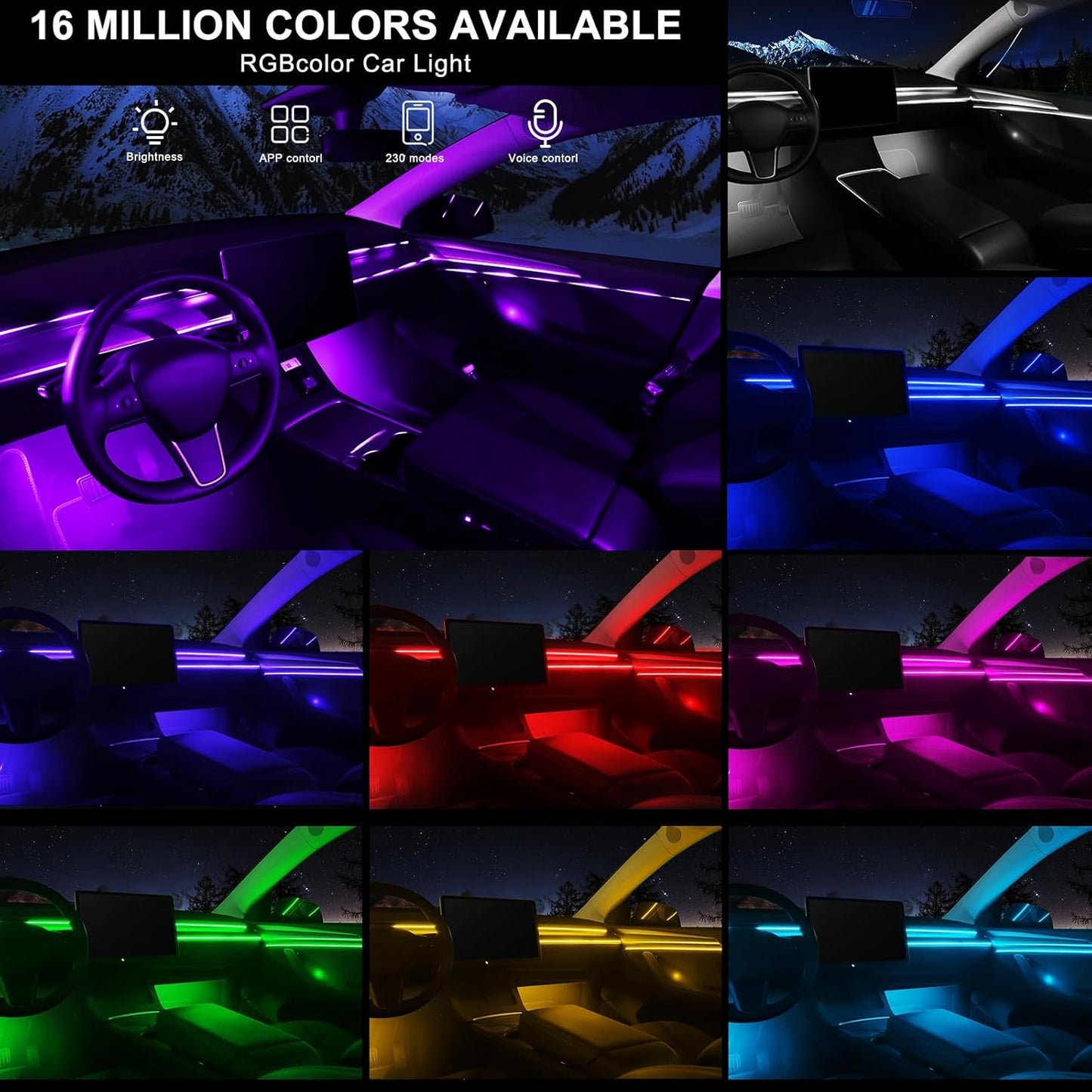 Acrylic Interior Car LED Strip Light with Wireless APP, 14 in 1 with 175 inches 593 LEDs Neon LED Strip Light, RGB Colors Dynamic Music Sync Car Ambient Lighting Kits