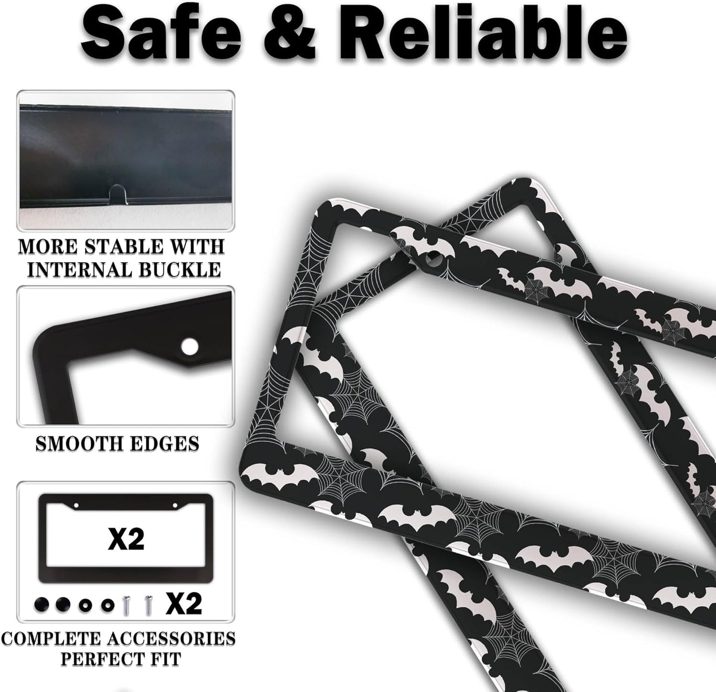 License Plate Frame Black and White License Plate Holder Spider Web Bat Universal Aluminum Car Accessory 2 Pack with Screw Covers Set