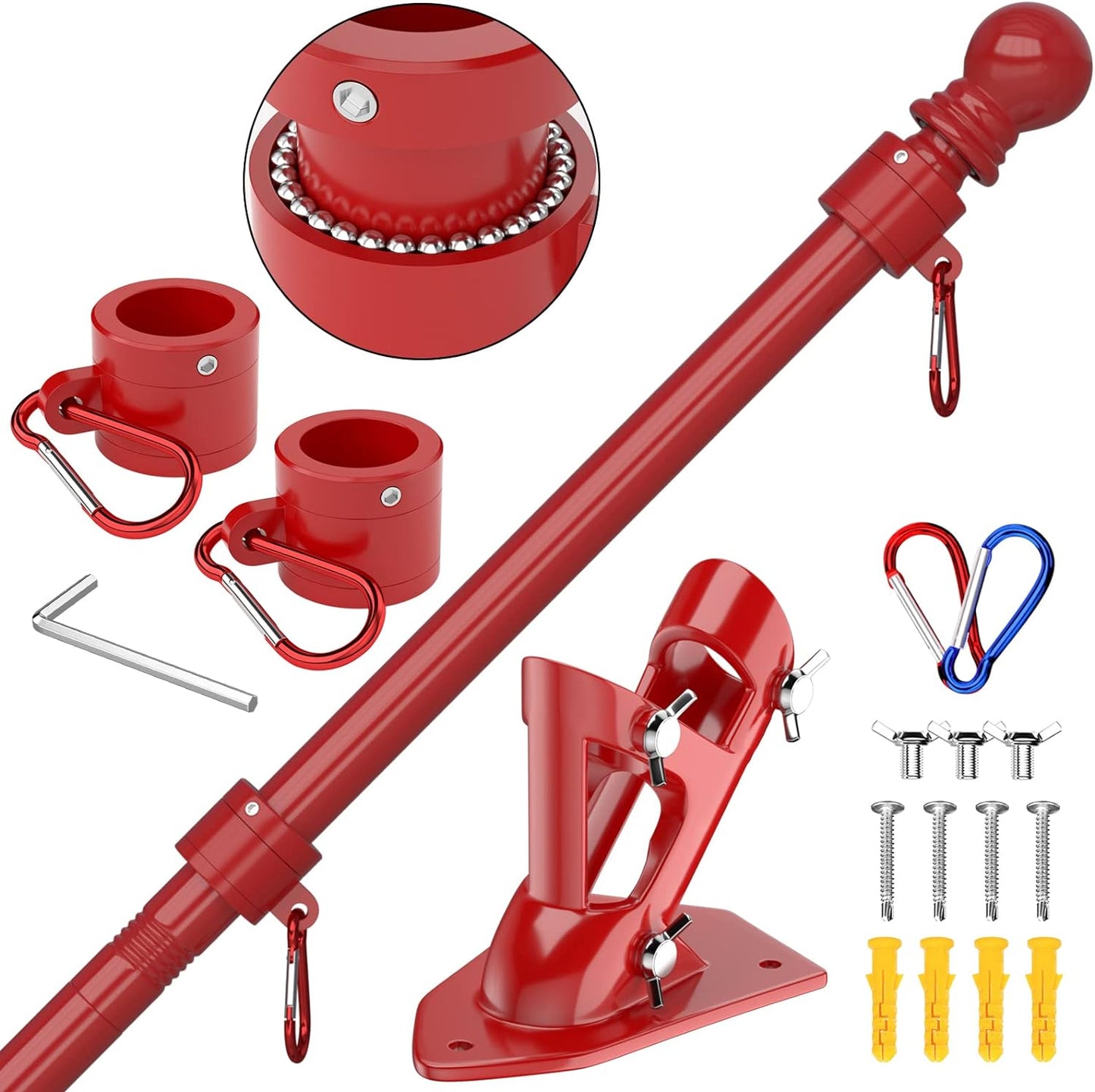 ZMTECH Flag Pole - Upgraded Bracket, 6 FT Stainless Steel Flag Poles for Outside House, Residential or Commerical, Tangle Free Flag Pole Kit for American Flag (Without Flag, Red)