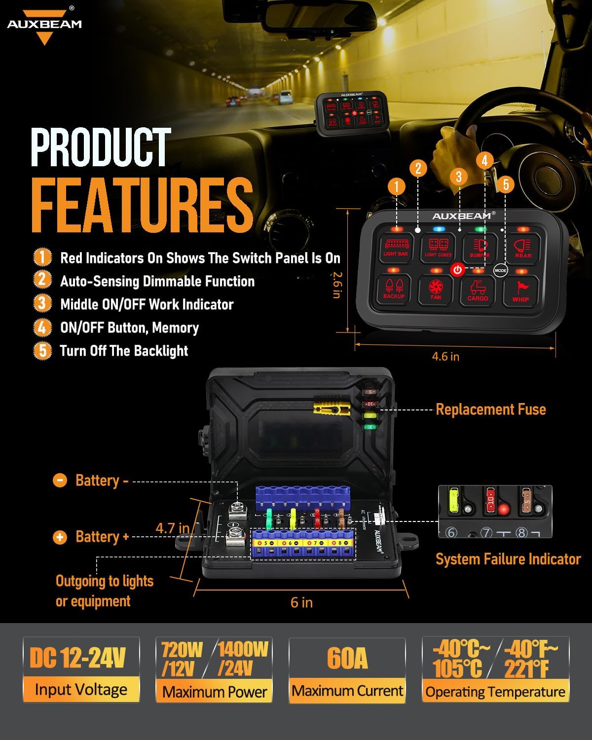 Auxbeam 8 Gang Switch Panel RB80 Toggle Momentary Pulsed RGB Dimmable Switch Panel Multifunction Panel Two Sided Output Marine Switch Panel IP65 Waterproof for Car Boat RV, 2 Years Warranty