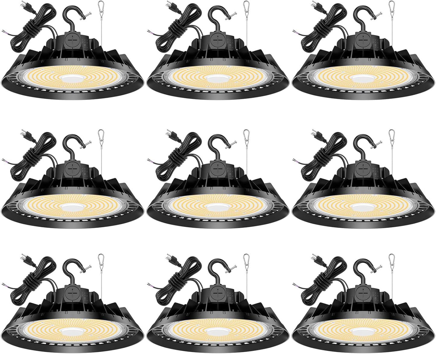 9Pack LED High Bay Lights, 300W UFO High Bay LED Shop Lights, 45000LM Adjustable CCT(5700K 5000K 4500K) & Power(300W 240W 200W), 0-10V Dimmable, 5' Cable Plug, IP65 Waterproof, ETL & DLC Listed