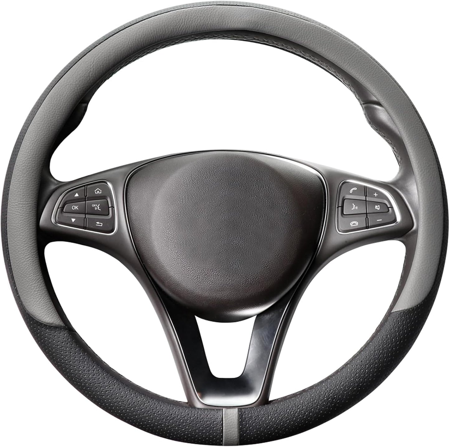 COFIT Breathable Car Steering Wheel Cover 15 inch Auto Universal Leather Wrap Non-Slip Steeringwheel Protector Automotive Interior Accessories, Grey (Suit for 14.5-15 inch)