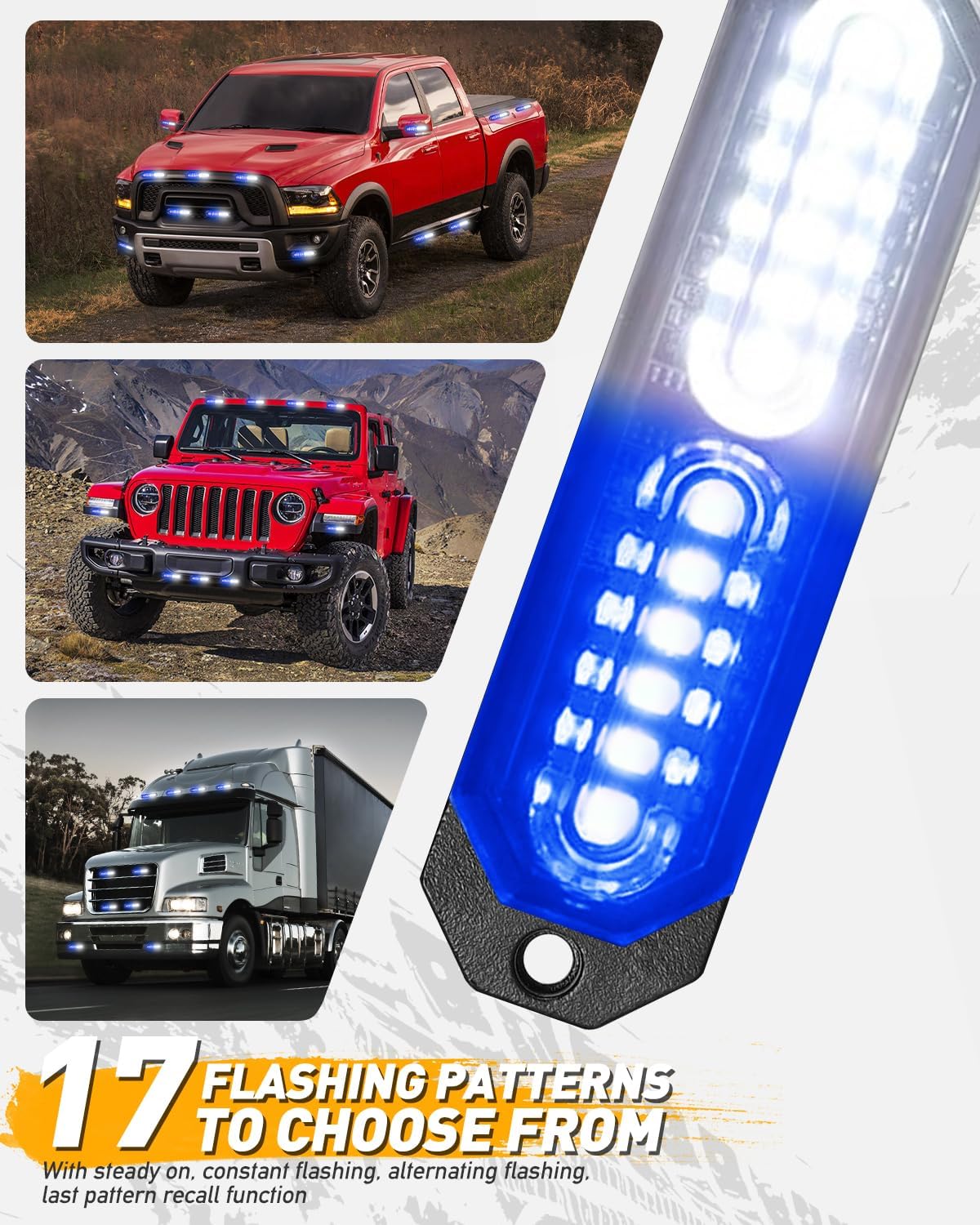 HLauto 1200T Emergency Strobe Grille Lights: 8pcs 12 LED Sync Feature Safety Warning Flashing Lights, Ultra Slim Surface Mount Hazard Caution Lights for Trucks, Vehicles, Car, ATV, UTV (Blue White)