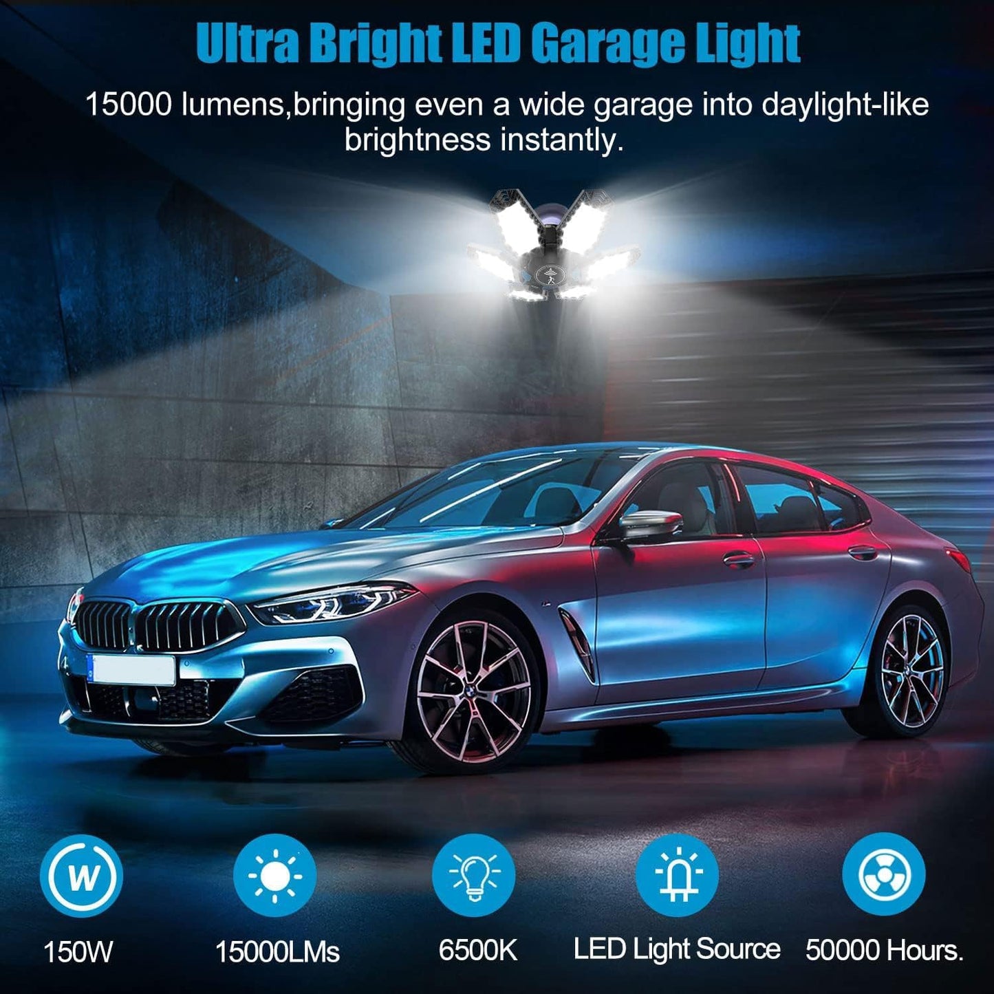 TANBABY 2 Pack Motion Sensor Garage Light, Total 30000LM Deformable Garage Lighting, 150W LED Ceiling with Motion, Ultra Bright Motion Activated LED Shop Light for Attic, Basement